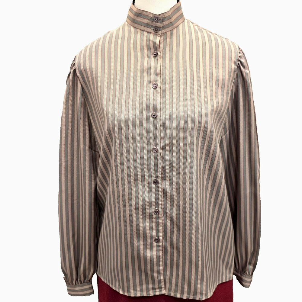 80s Vintage Schrader Sport Shirt Women's‎ 10 High Neck Blouse Stripe Korea